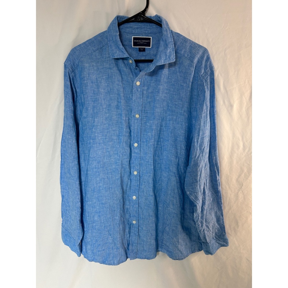 Charles Tyrwhitt Mens Blue 100% Linen Classic Fit Button Down Shirt Size Large L